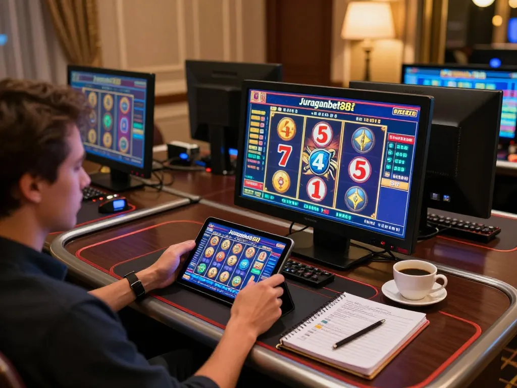 Engaging in Juraganbet88 online gaming with vibrant slot interface and strategic notes.