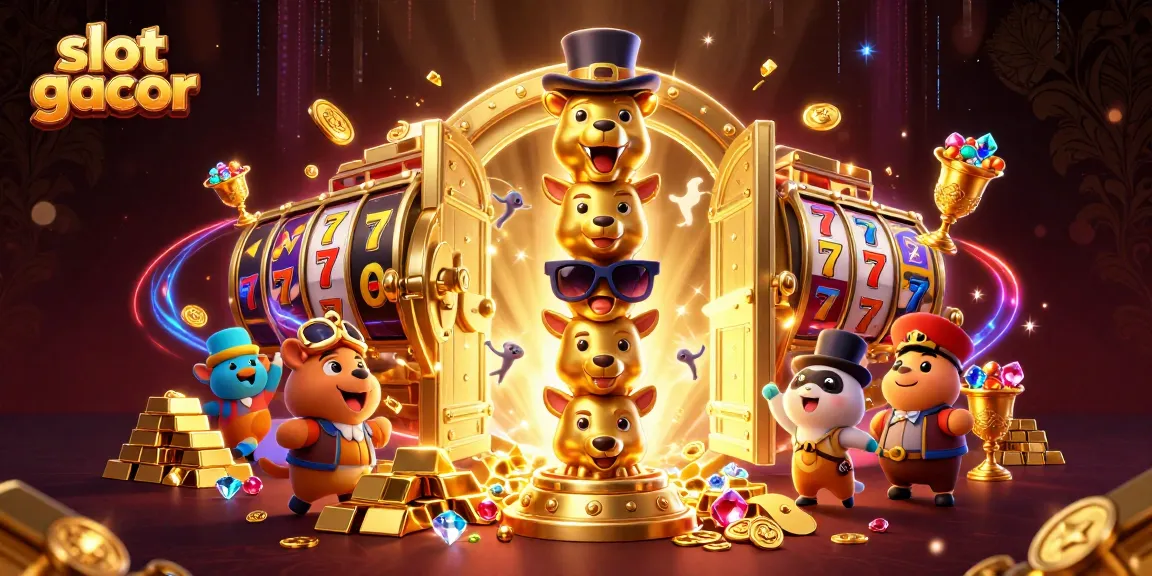 Slot gacor menampilkan totan emas kasino dan tumpukan harta karun yang memukau.