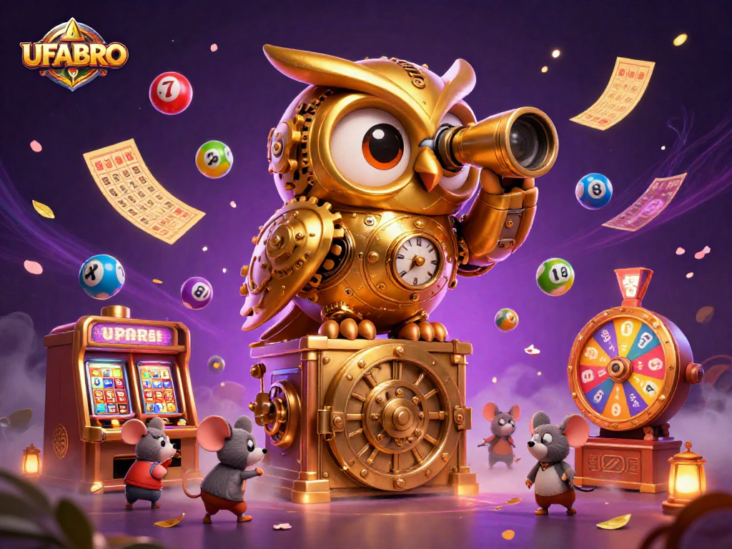 Bet on UFABRO's exciting games with colorful lottery balls and a whimsical golden owl.
