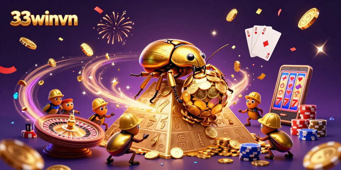 Engage with 33winvn's thrilling casino world featuring a golden beetle and dazzling game elements.