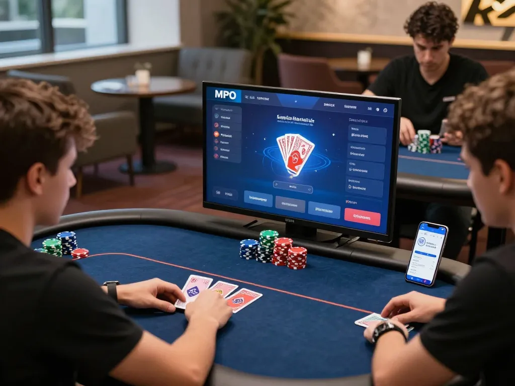 Engaging online poker action highlighting mpo sport with players on a digital platform, showcasing vibrant graphics and competitive atmosphere.