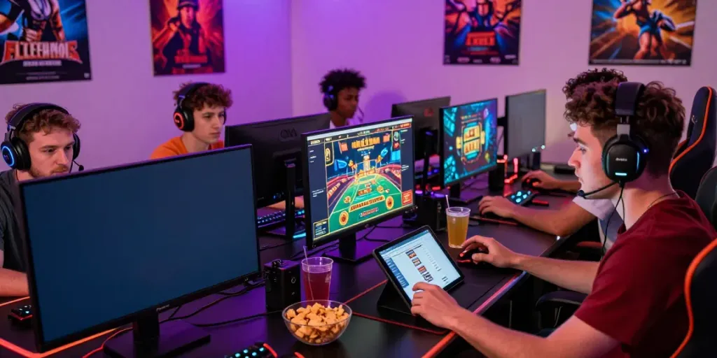 A vibrant gaming scene depicting players enjoying akunjp online casino games, showcasing diverse equipment and snacks.
