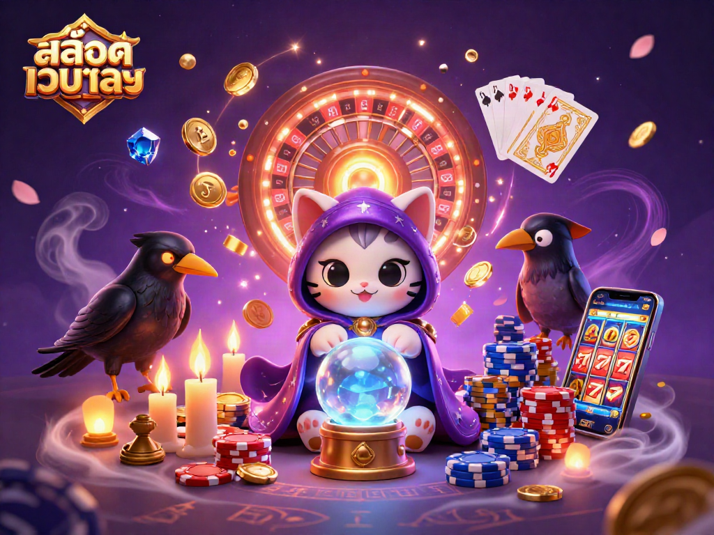Experience the excitement of สล็อตเว็บตรง with dynamic gaming elements and vibrant characters in a magical casino illustration.