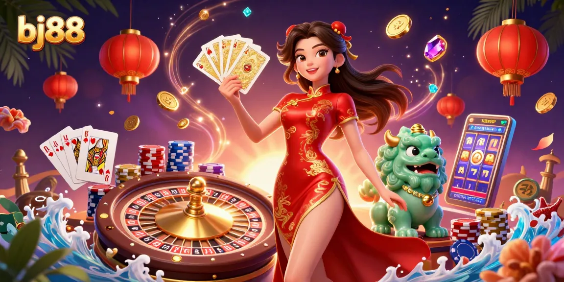 Experience thrilling gaming with BJ88, featuring vibrant 3D elements of casino excitement and a stylish character.