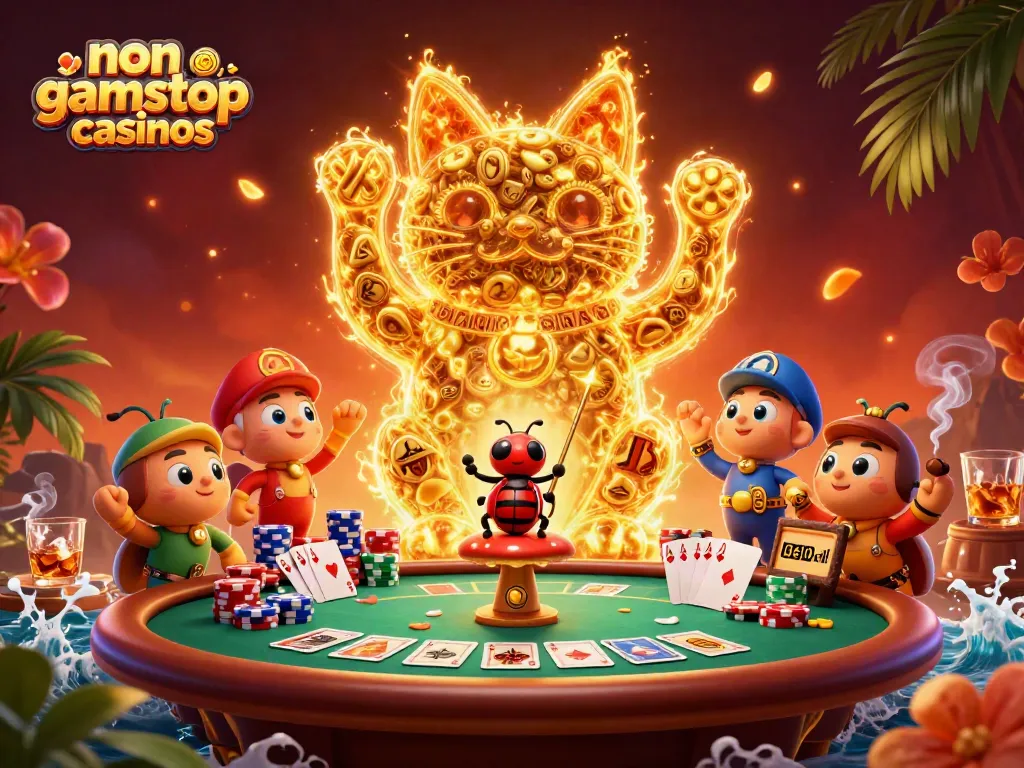 Play at exciting non gamstop casinos featuring vibrant casino elements and a golden lucky cat.