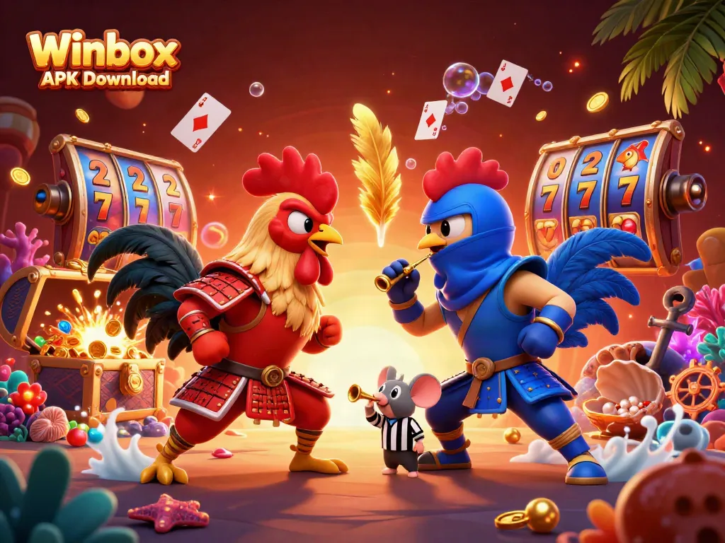 Experience the thrills of Winbox APK Download with vibrant casino-themed roosters battling in a dynamic scene.