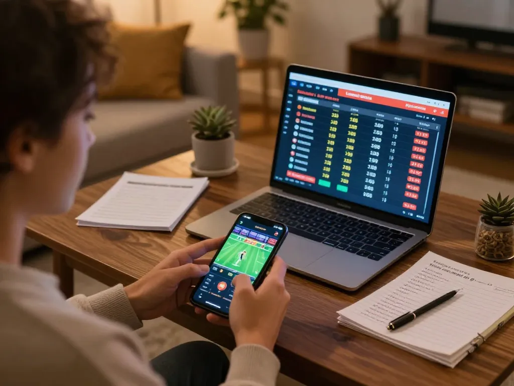Betting on fun88 through smartphone while analyzing strategies in a cozy home setting.