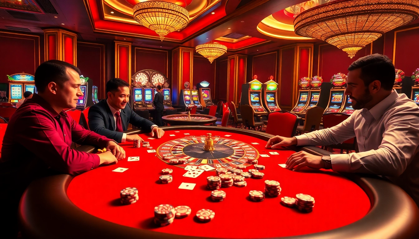Players enjoying a high-stakes game at an MMOO luxury casino table.