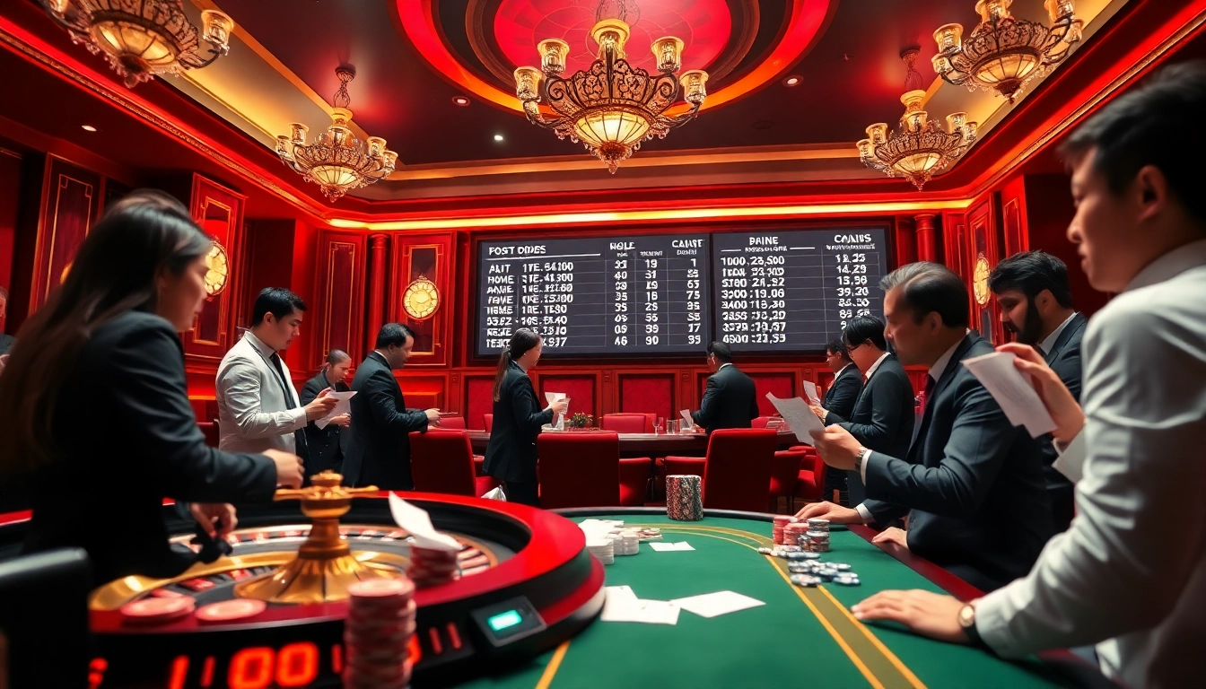 Engaging players reviewing tỷ lệ bóng đá at a vibrant sports betting setup in a luxury casino.