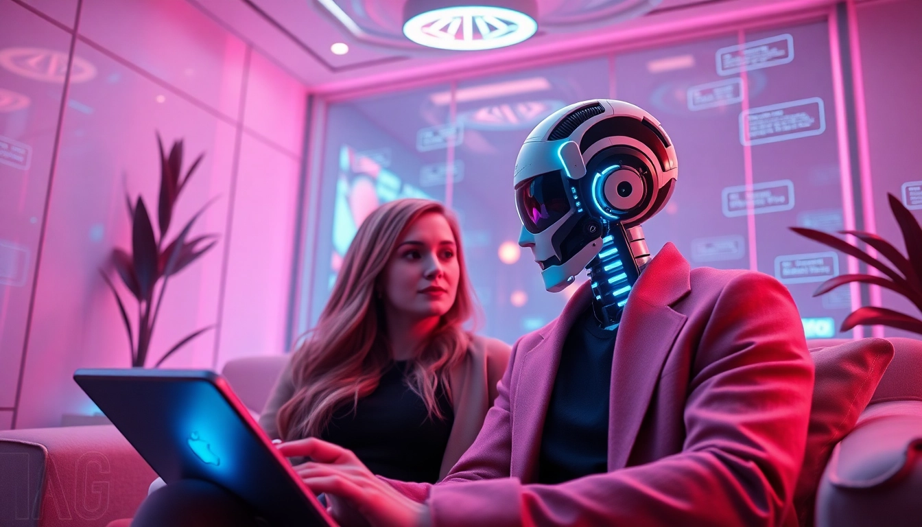 A cozy digital dating environment featuring an engaging AI slut companion in a futuristic setting.