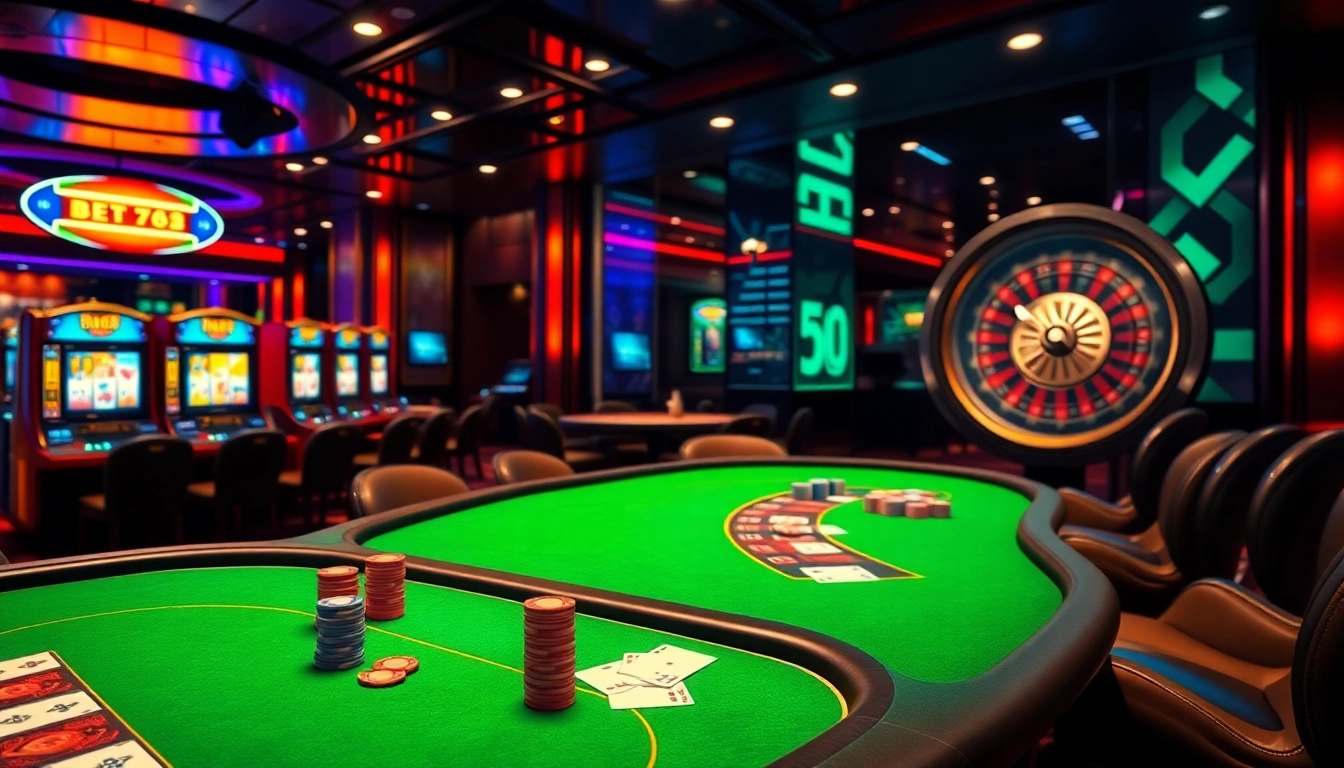 Gambling scene at Nhà Cái RR88 showcasing vibrant poker tables and modern digital interfaces.