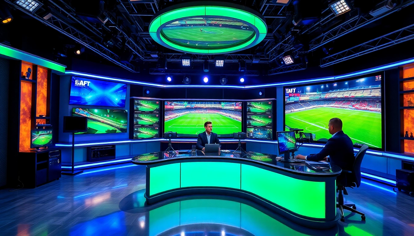 Sports Broadcasting studio featuring a dynamic analyst with vibrant graphics.