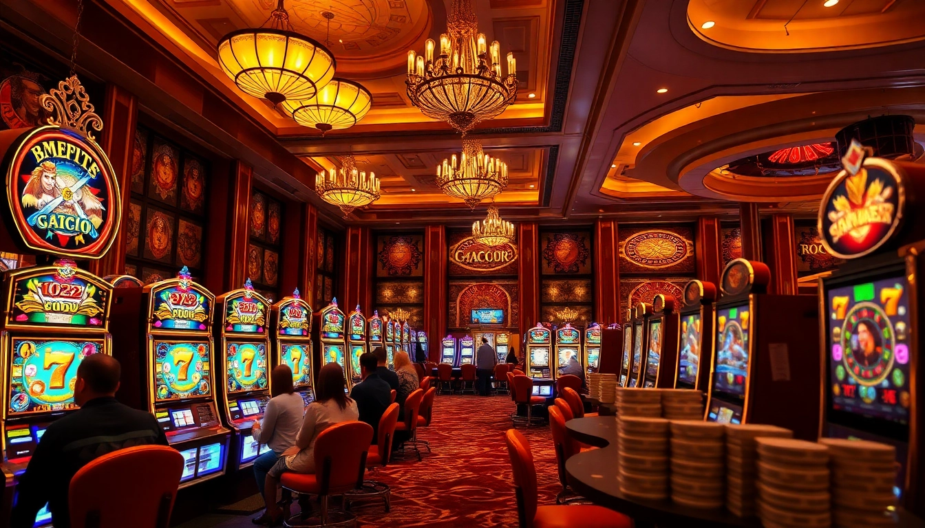 Experience the thrill of slot gacor with vibrant machines and lively players in a luxurious casino setting.