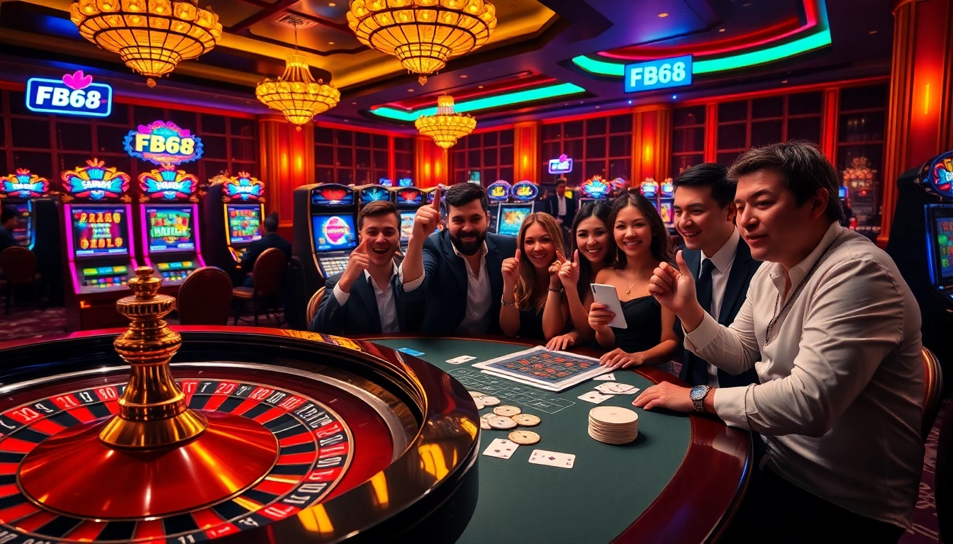 Gamble excitement at FB68 casino featuring poker cards and vibrant slot machines.