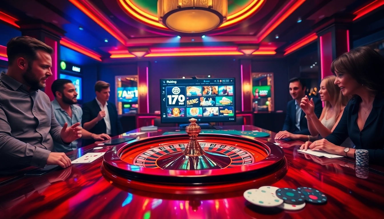 Engaging scene of enthusiastic players at the 79king casino table, showcasing poker chips and a roulette wheel.