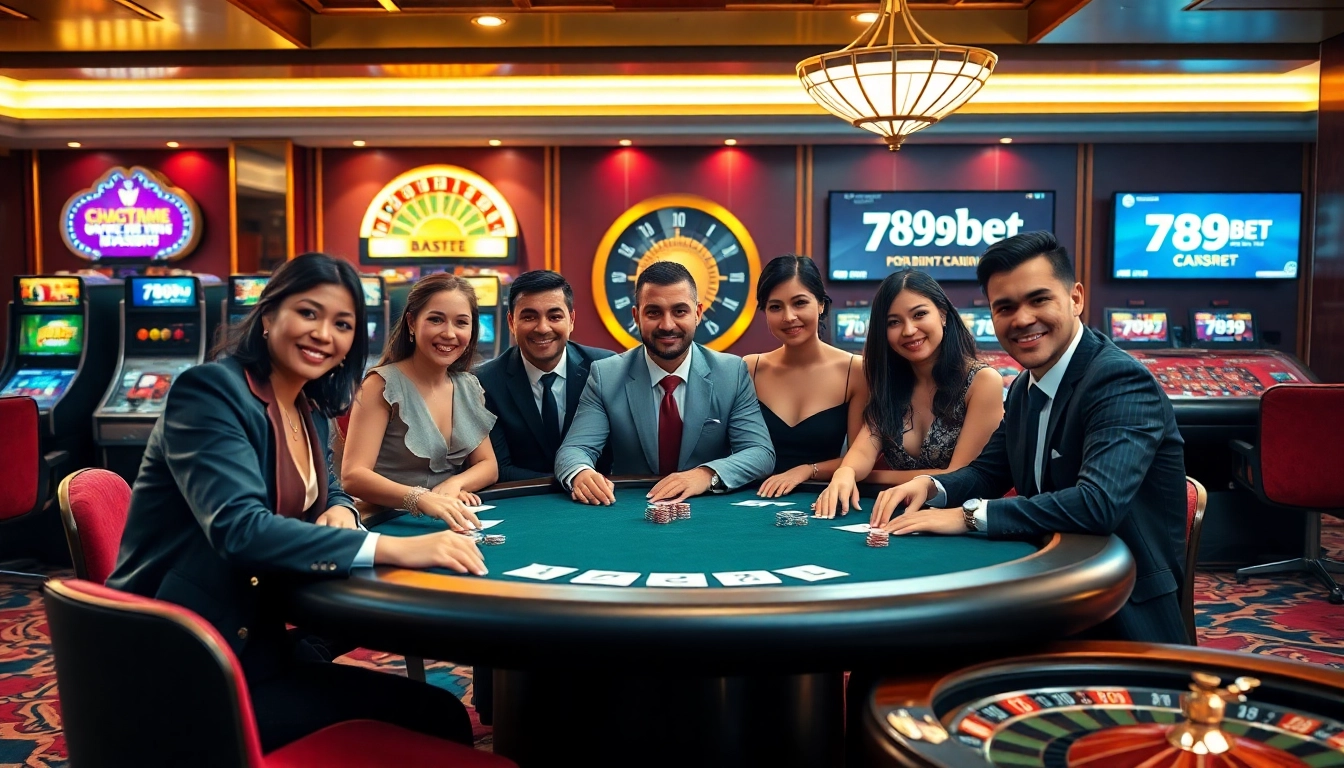 Thrilled players at a luxurious casino table showcase 789BET excitement in a vibrant gambling scene.