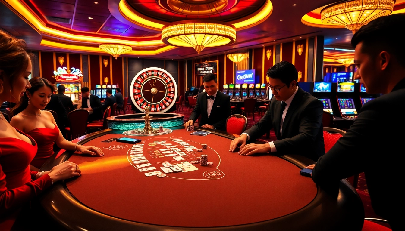 An exciting moment at 23win nhà cái casino with players engaged in poker and roulette.