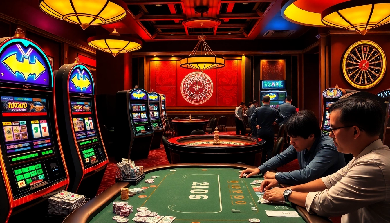 Vibrant casino scene showcasing batman138 slot machines and high-stakes poker action.