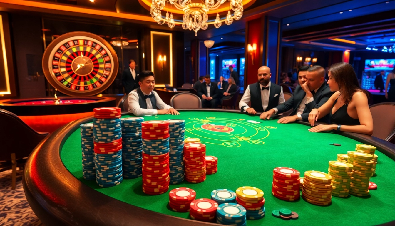 KONG88 poker table displaying vibrant chips and engaged players in a luxurious casino setting.