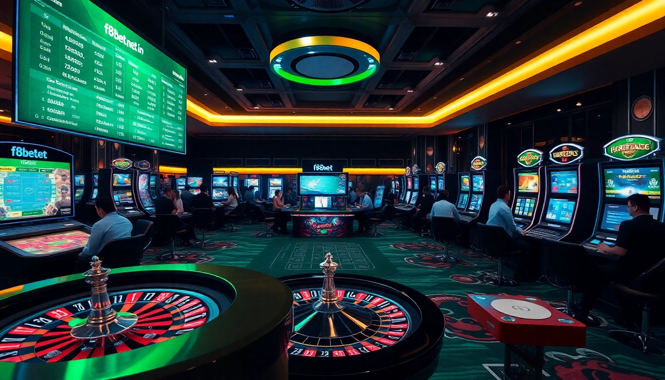 Betting excitement at f8bet.net.in with roulette, poker chips, and slot machines.