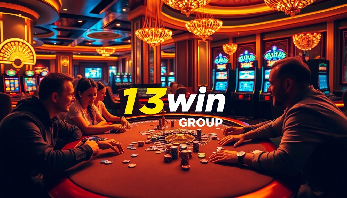 Experience the excitement of the 13win group in a vibrant casino scene with poker and roulette.