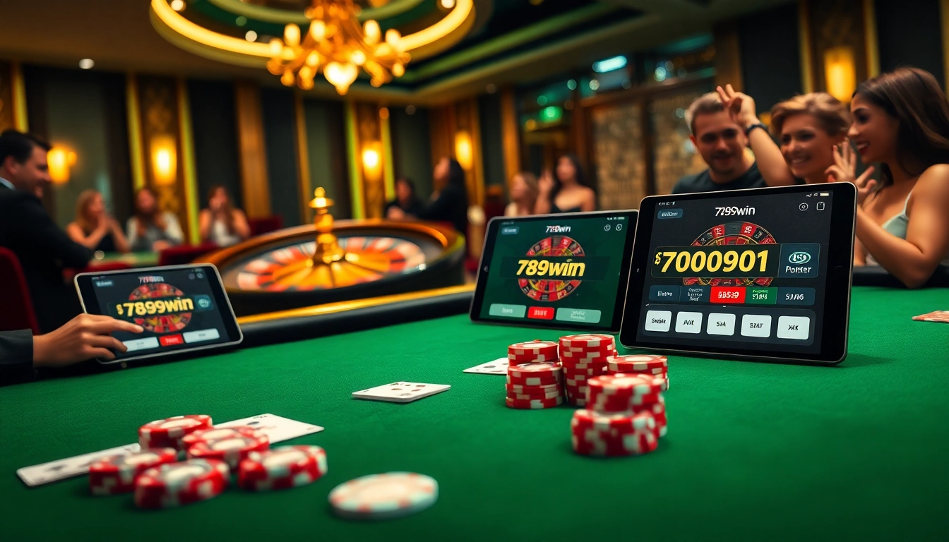 Players enjoying their experience at 789win casino, surrounded by poker chips and digital interfaces.