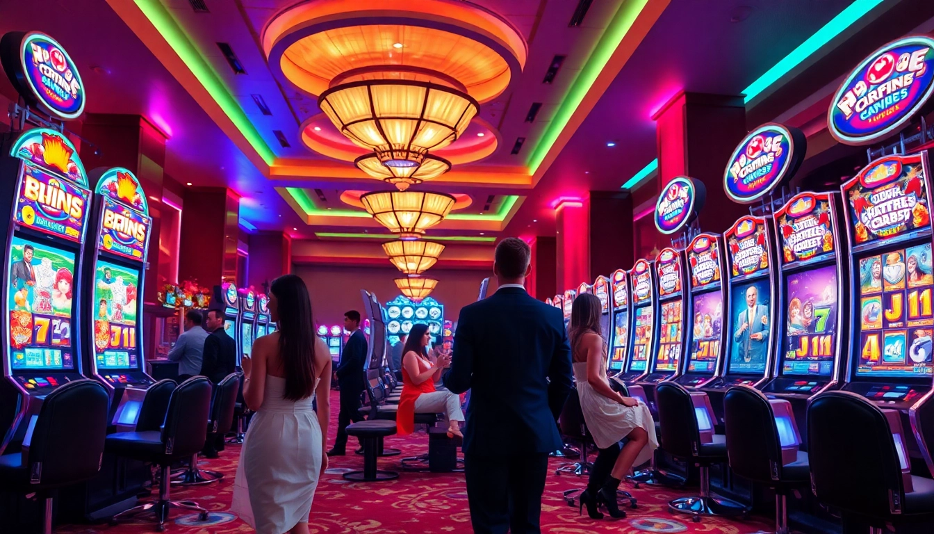 Exciting players engaging with IDN slot machines in a vibrant casino setting.