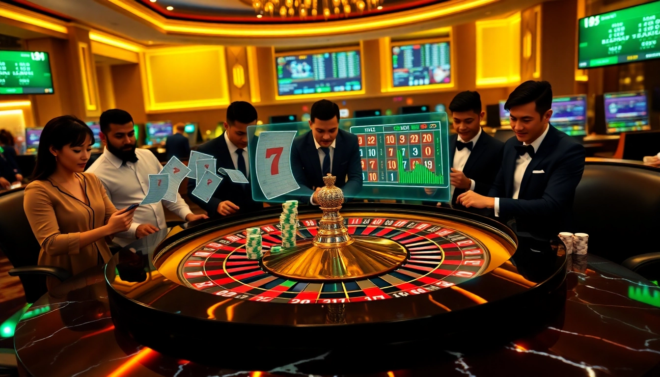 Professional gamblers placing strategic bets on https://hz88.forum/ with vibrant poker chips and roulette wheel