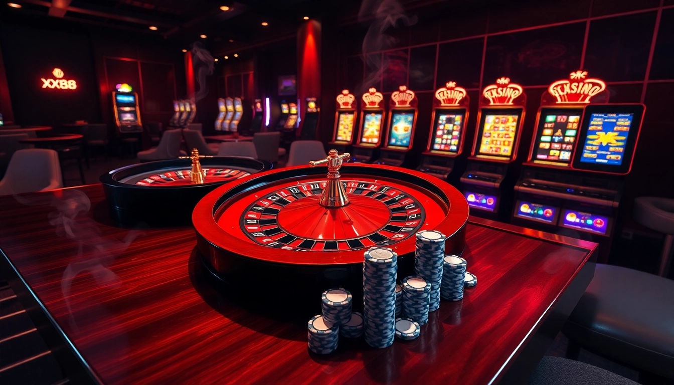 Experience the excitement of online gaming with xx88 com's luxurious casino setup featuring roulette, poker, and slots.