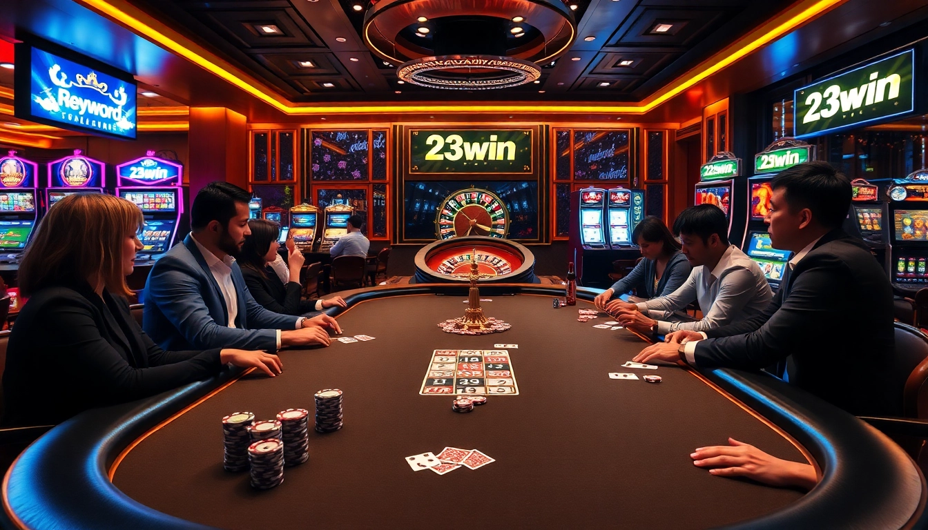 Players engaging in strategic poker at 23win casino with vibrant slot machines and roulette wheel