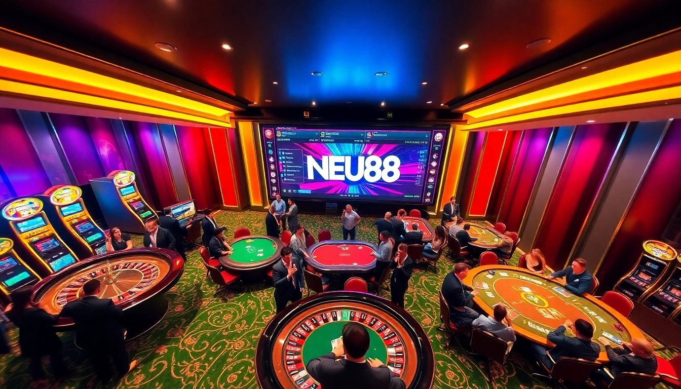A lively casino scene featuring NEU88 branding with excited players at poker tables and glowing slot machines.
