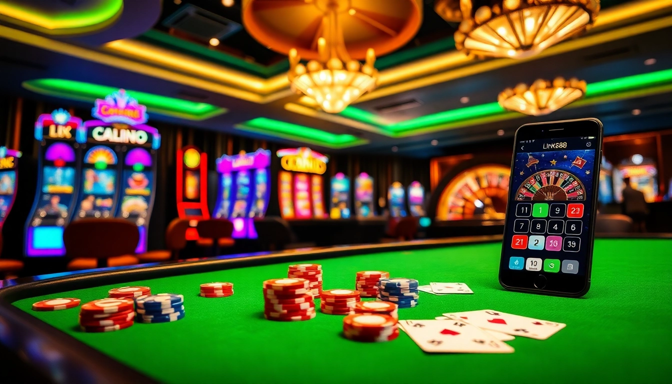 Engage with Link NEW88 in a vibrant casino scene showcasing poker chips and modern gaming interfaces.