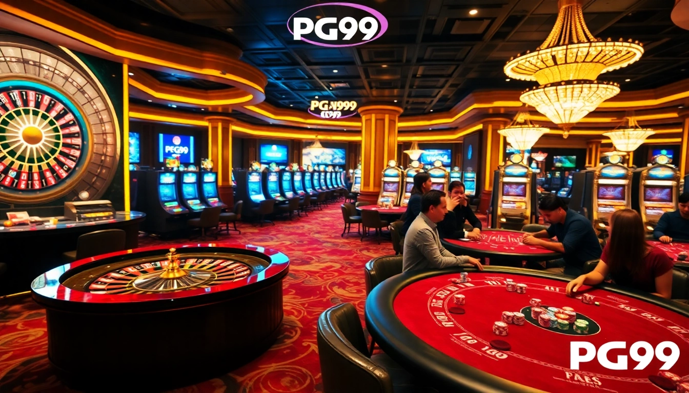 Engage with the PG99 code while playing at a luxurious online casino with vibrant slot machines and poker tables.