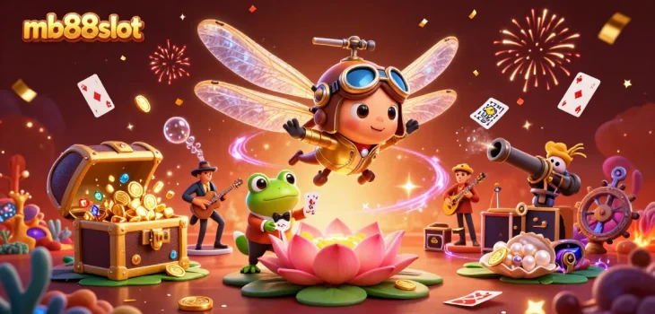 Experience the thrill of gaming at mb88slot with a vibrant 3D illustration of our dragonfly helicopter pilot and frog croupier!