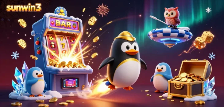Experience fortune at sunwin3 with a golden penguin on a cosmic journey to jackpot wins!
