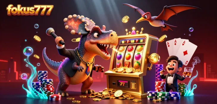 Engage with fokus777 by enjoying a jackpot-winning scene with animated dinosaurs in a vibrant casino.