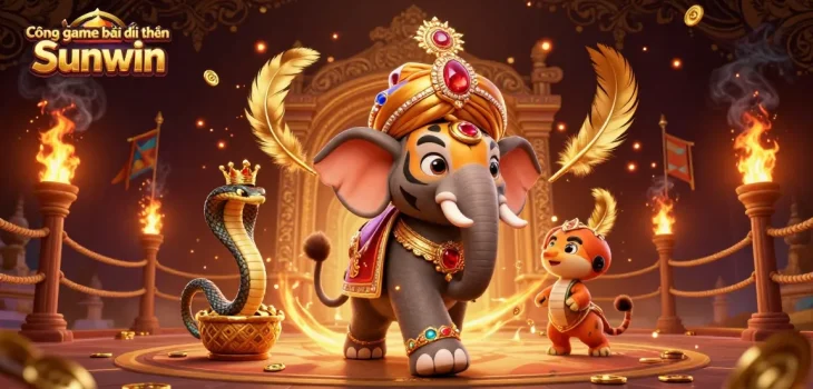 Cổng game bài đổi thưởng Sunwin offers a vibrant 3D illustration featuring a maharaja tiger, a jeweled elephant, and a cobra in a captivating casino scene.