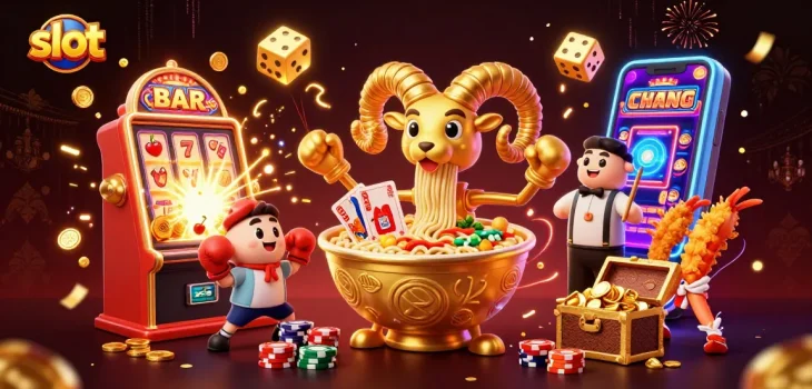 Slot menarik dengan karakter ramen 3D yang melempar kartu dan mengumpulkan koin emas.