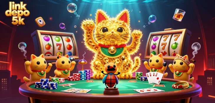 Engage in winning strategies with link depo 5k illustrated by a vibrant 3D lucky cat in a casino.