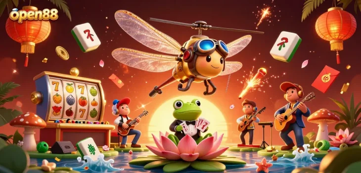 Engage with open88 through vibrant 3D casino illustration featuring dynamic characters and game elements.