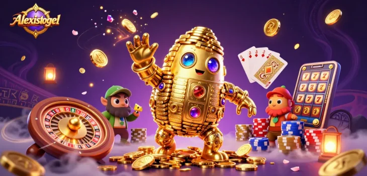 Golem emas berputar di kasino, simbol slot muncul, Alexistogel menghadirkan keseruan judi.