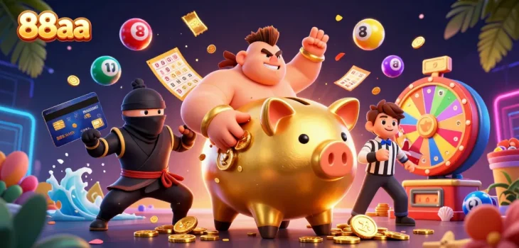 Experience the excitement of 88aa with a golden piggy bank sumo wrestler amidst a dynamic casino scene.