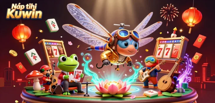 Nạp tiền Kuwin with vibrant characters and casino elements in an ultra-detailed 3D illustration.