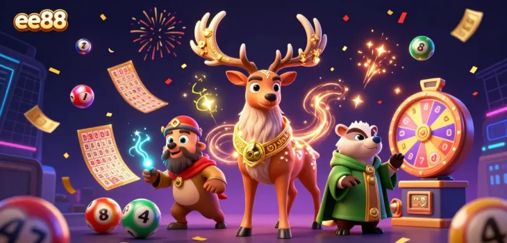 Win big with ee88 in an ultra-detailed 3D casino scene filled with vibrant lottery elements.