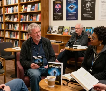 T Allen Greenfield discussing UFOnauts at https://tallengreenfield.com with readers in a cozy bookshop.