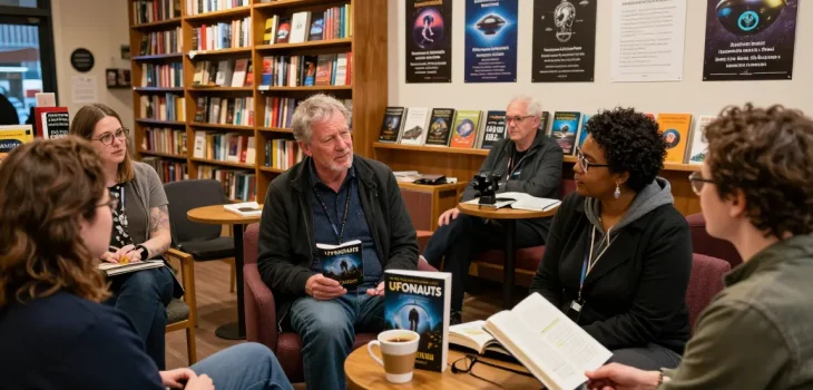T Allen Greenfield discussing UFOnauts at https://tallengreenfield.com with readers in a cozy bookshop.