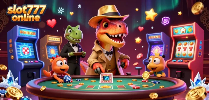 Engage in exciting spins at slot777 online with a vibrant casino scene featuring cartoon dinosaurs.