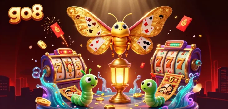 Experience the thrill of go8 casino with a dazzling scene featuring vibrant golds, slots, and festive elements.