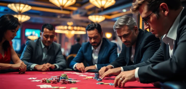 Permainan situs toto di kasino dengan pemain menatap serius pada meja poker.