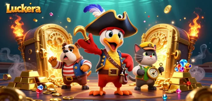 Luckera captivates with a vibrant casino scene featuring a pirate captain and treasure elements.